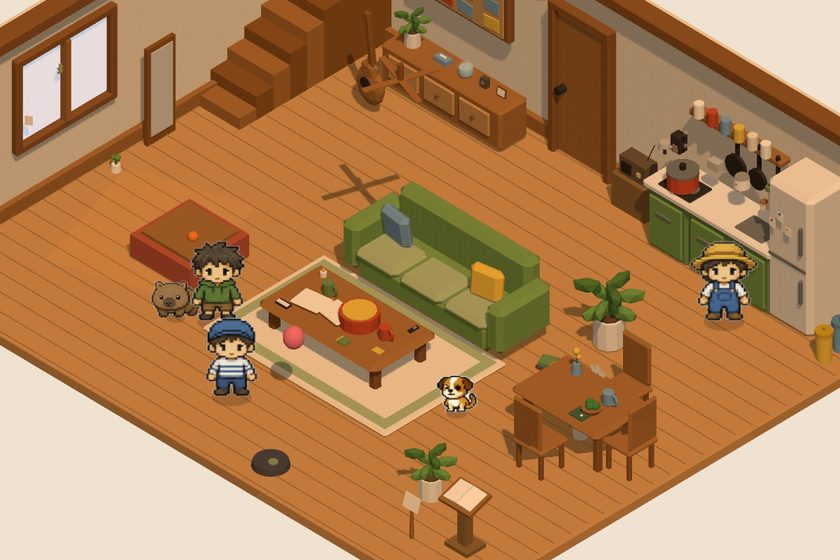 はこにわの画面。夕方のリビングに住人たちとウォンバットのもぐ、子犬が集まっている